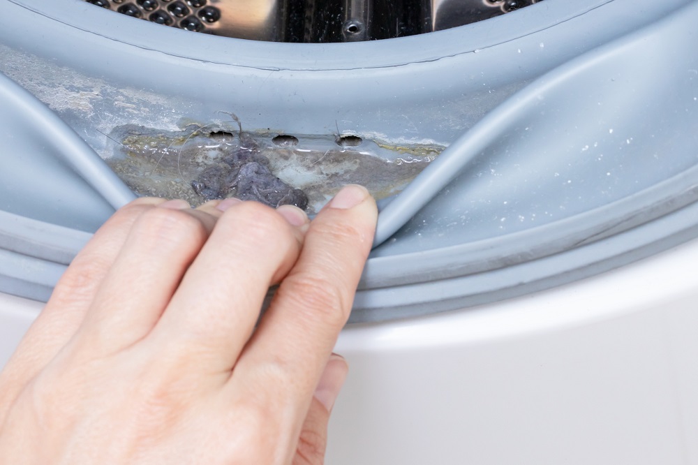 Zbytková voda a nečistoty zůstávají v gumovém těsnění po každém praní.